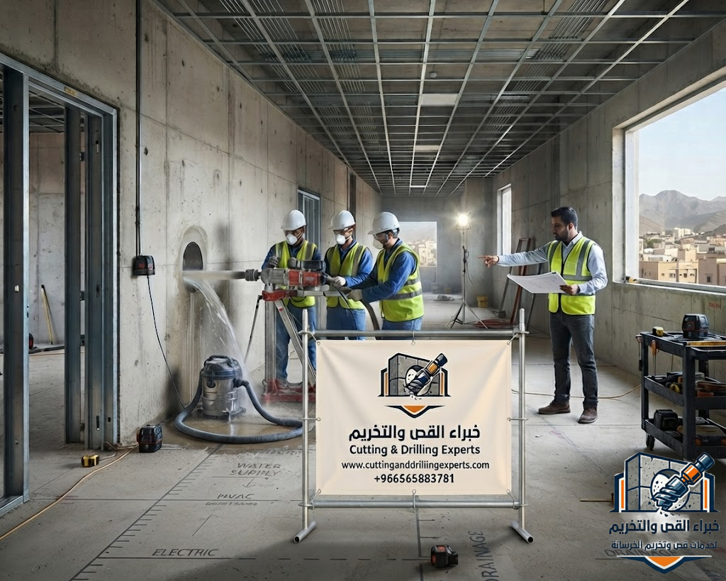تخريم خرسانة حي شهار بالطائف باستخدام أجهزة الكور الماسي لتنفيذ فتحات المكيفات والسباكة والكهرباء والمصاعد بدقة عالية وبدون تكسير